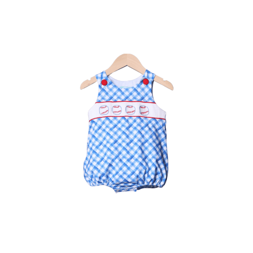 Smocked Baseball Blue Plaid Bubble