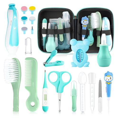 Baby Healthcare and Grooming Kit, 21 in 1 Portable Baby Safety Care Set with Hair Brush Comb Nasal Aspirator Electric Nail Trimmer Set Baby Essentials kit for Newborn Boys Girls (Green 21 in 1)