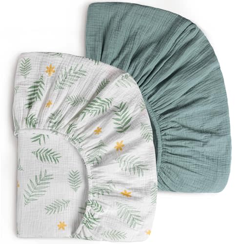 Deppon Muslin Crib Sheets for Girls Boys, 2 PCS Soft and Breathable Fitted Baby Sheet for 52" x 28" Standard Crib Mattress and Toddler Bed (Roman Green, Leaves)