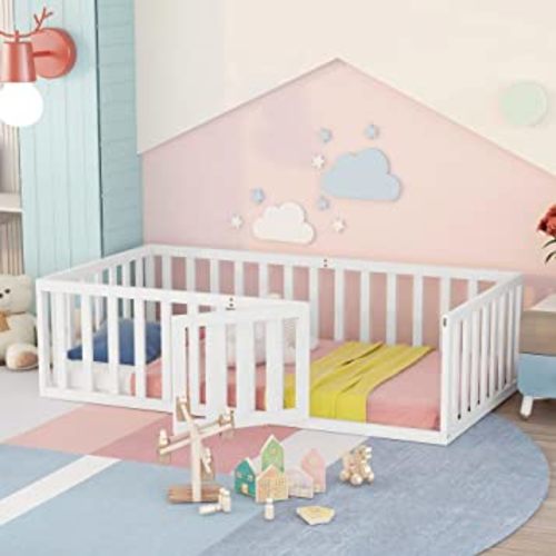 Wooden Playpen with Door, Fence-Shaped Guardrails, Kids Play Fence Bed, Easy Assembly (White)