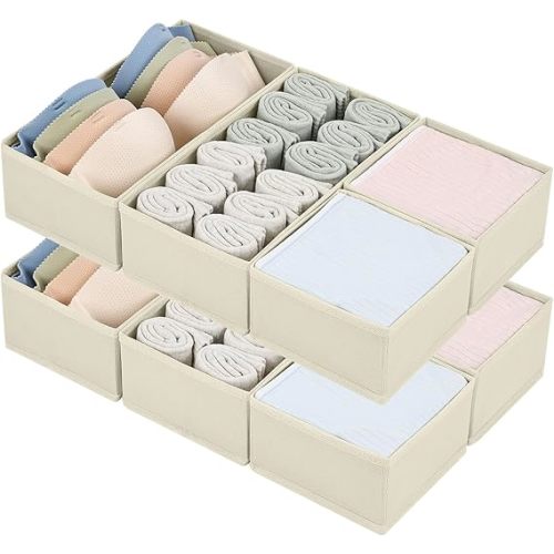 DIMJ Drawer Organizers for Clothing, Set of 8 Fabric Closet Organizers and Storage, Dresser Organizers, Drawer Dividers for Baby Clothes, Socks, Belt, Tie (Beige)