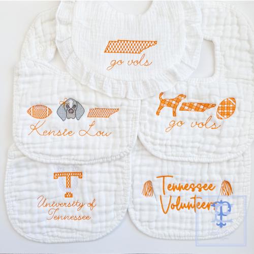 Custom Embroidered Tennessee Volunteer Football Gift | Baby Bib Gift | Ruffle Bib, Muslin Bib Gift | Baby Football Bib