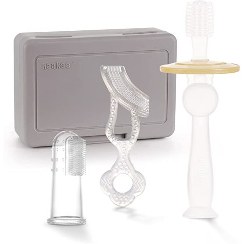 haakaa Baby Training Toothbrush Set, Infant Toothbrush Oral Care Kit, Soft Silicone Toothbrush for Baby, Finger Toothbrush Baby Teething Toys 0-36 Months, SUVA Grey - Suva Grey