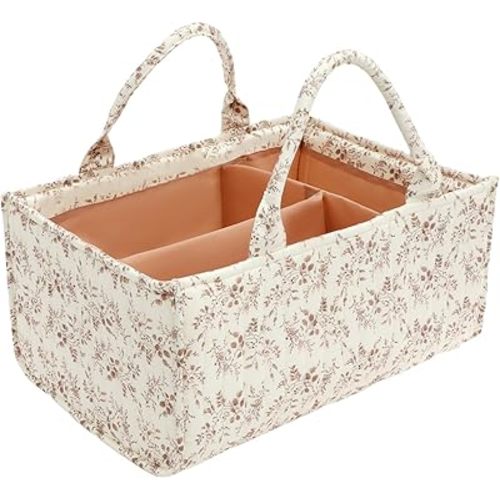 Floral Diaper Caddy Organizer, Nursery Storage Basket with Handles and Removable Dividers, Portable Baby Storage Bin and Car Organizer for Wipes, Baby Shower Gifts and Registry Newborn Essentials