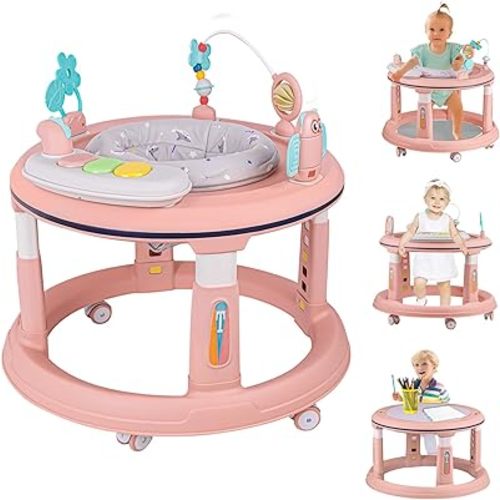 Baby Walker with Music and Lights, 5 Adjustable Heights, Baby Walkers and Activity Center for Boys Girls Babies 6-12 Months, Features 360 Degree Swivel Seat, Detachable Toys and Bounce Foot pad