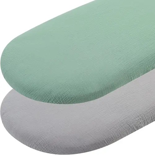Muslin Bassinet Sheets 2 Pack Set for Baby Boy and Girl, 100% Muslin Cotton Fitted Sheet for Oval Hourglass and Rectangular Bassinet Mattress, Grey and Green