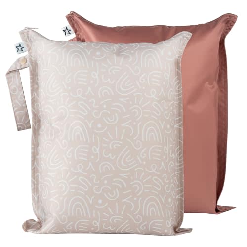 Tiny Twinkle Mess-proof Wet Bags 2 Pack Waterproof and Washable Bag for Travel storage, Stroller, Daycare, Baby Diapers, Yoga, Beach, Pool, Wet Toddler Swimsuits (Zen Garden,Taupe)