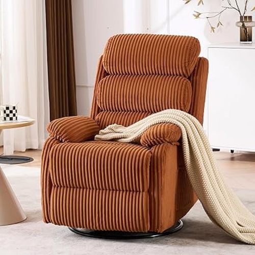 360° Swivel Rocker Recliner Chair for Adults，Small Rocking Recliner Chair for Small Spaces, upholstered Velvet Recliner for Nursery with Side Pockets—Suitable for Living Room, Fabric in Orange