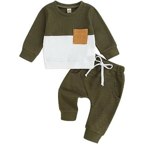Baby Boy Clothes Fall Winter Outfits Waffle Knit Contrast Color Sweatshirt Top Casual Pants Set Toddler 2Pcs Outfit