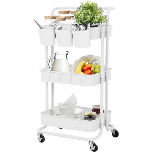 3 Tier Rolling Cart, Ajustable Art Craft Cart Organizer on Wheels, Metal Utility Storage Cart with Handle for Kitchen Bathroom, Mobile Multifunctional Salon Trolley Makeup Cart, Easy Assembly