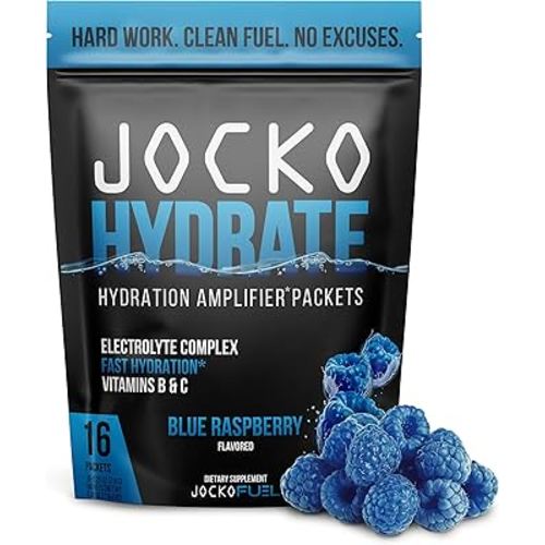 Jocko Fuel Hydrate Electrolytes Powder Packets Low Sugar - Hydration Amplifier Packets for Recovery, Dehydration, & Exercise - with Vitamins B6, B12 & C (16 Packets) Blue Raspberry
