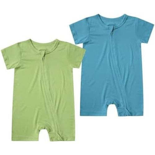 Teach Leanbh Unisex Baby 2 Pack Bamboo Viscose Pajamas Short Sleeve 2 Way Zipper Romper Jumpsuit Sleep and Play