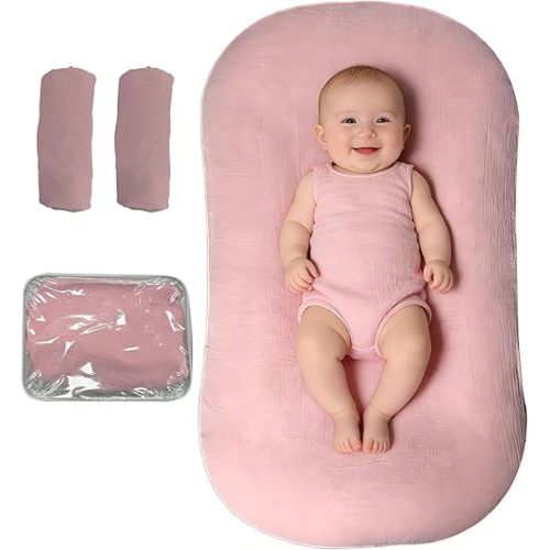 Sofoliana Baby Lounger, Newborn Lounger with Breathable & Soft Cover for Floor, Couch & Travel, 0-24 Months Newborn Babies Essentials Gifts. Pink (2 Cover Included)