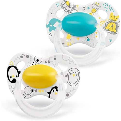 Medela Baby Pacifier | 0-6 Months | BPA-Free, Lightweight & Orthodontic, Baby Pacifiers | 2-Pack | Turquoise Blue and Yellow with Baby Animals