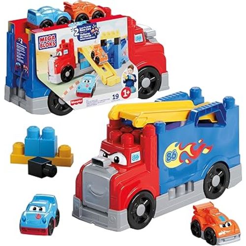 MEGA BLOKS First Builders Toddler Building Blocks Toy Set, Build & Race Rig with 19 Pieces, 2 Race Cars and Storage, Red, Ages 1+ Years