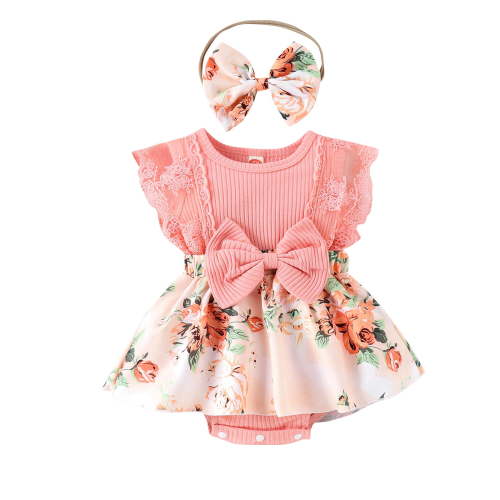 Infant Baby Girl Lace Ruffle Sleeveless Ribbed Romper Floral Dress Jumpsuit with Headband