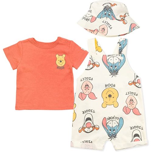 Disney Tigger Winnie the Pooh Baby French Terry Short Overalls T-Shirt and Hat 3 Piece Outfit Set Newborn to Infant - Pooh / Tigger / Piglet / Eeyore