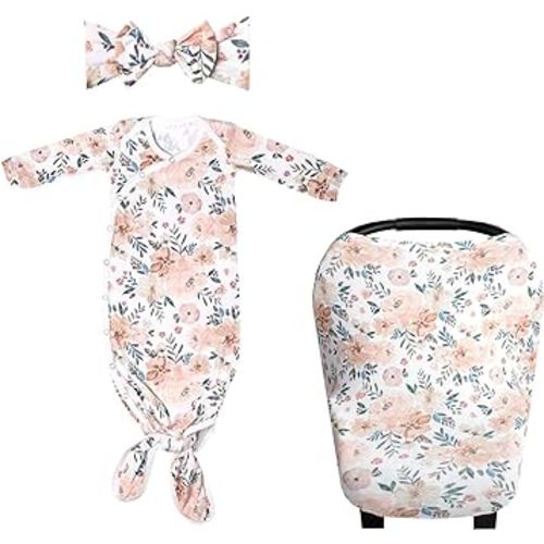 Copper Pearl Mommy & Me Bundle | Newborn Knotted Gown | Baby Stretchy Soft Knit Headband Bow | Multi-Use Stretchy Baby Car Seat Cover Canopy and Nursing Cover | Autumn
