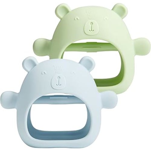 HARPPA 2 Pack Bear Baby Teething Toys, Never Drop Silicone Teethers for Babies Over 3 Months, Soothing Pain Relief, Teether Toys for Newborns Sucking Needs, BPA Free (Blue and Mint)