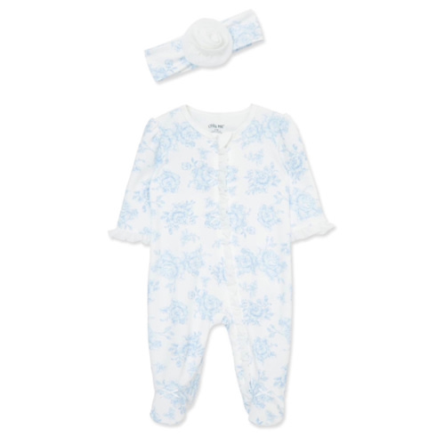 Little Me Clothes for Baby Girls 100% Cotton 2Pc Zipper Closure Footie and Headband Set, Baby Essentials, Preemie to 9 Months