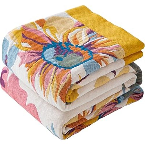 Boho Throw Blanket Twin Size, Soft Cozy Cotton Muslin Quilt Blanket for Bed Decor, Floral Patterned Couch Sofa Chair Cover, Vintage Farmhouse Cottage Tapestry Woven Blanket, Yellow&Blue