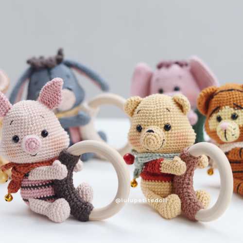 Finished Product: Winnie And Friends Rattle, Wooden Baby Rattle, Amigurumi Doll