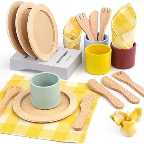 Wooden Toy Plates and Dishes Set,Play Kitchen Cutlery and Plate Set,21Piece Kids Kitchen Playset Accessories for Toddlers Boys Girls Ages 3+