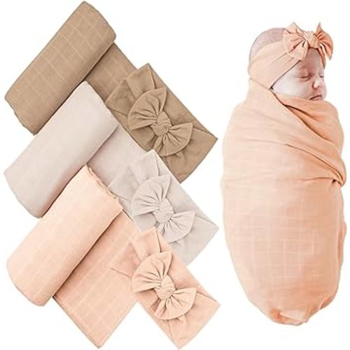 Konssy 3 Pack Muslin Baby Receiving Blankets with Headband Set, Soft Fabric Newborn Swaddle Blanket, Large 45.6 x 45.6 inches, Breathable Muslin Baby Swaddles for Boys & Girls