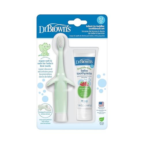 Dr. Brown's Infant-to-Toddler Training Toothbrush Set, Mint Elephant with Fluoride-Free Strawberry Baby Toothpaste, 0-3 Years - Elephant, Mint With Strawberry - Toothbrush + Toothpaste - TOOTHBRUSH
