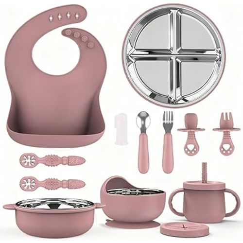 13 Pack Silicone Baby Feeding Set, BPA-Free Toddler Feeding Supplies, Include Suction Plates, Baby Bowls, Silicone Fork & Spoon, and More, First Stage Baby Dish Set - 6+ Months