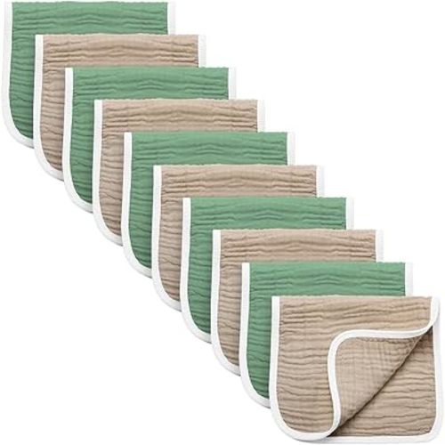 Synrroe Burp Cloths Large, Muslin Burp Cloths for Baby Girls and Boys, Pack of 10 Extra Absorbent and Soft Muslin Bibs, 6 Layers 20 by 10 Inches 100% Cotton (Brown-Green 10 Pack)