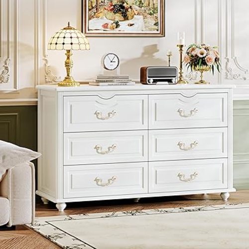 Modern 6 Drawers Dresser Chests for Bedroom,TV Stand,47.2 Wide Chest of Drawers with Handle,Clothes Organizer,Large Storage Cabinet for Living Room,Hallway,with Anti-Tipping Device,Bright White