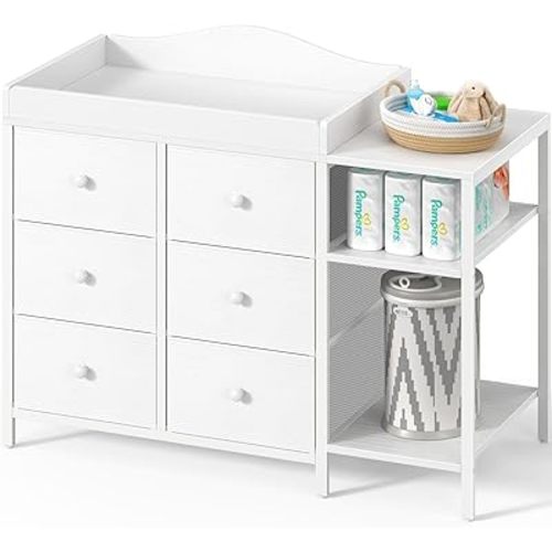 BOLUO Baby Dresser with Changing Table Top, White Changing Table Dresser with 6 Fabric Drawers Diaper Changing Station with Storage Shelf for Nursery Modern