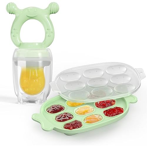 Silicone Baby Fruit Feeder & Freezer Nibble Tray Combo, Baby Teethers, Breastmilk Popsicle Molds for Teething Relief, BPA Free Fresh Food Feeder for Safe Infant Self Feeding (Sage Green)