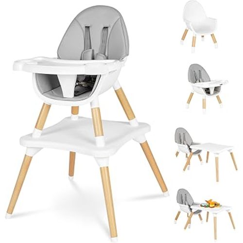 High Chair for Babies & Toddlers, Convertible Wooden 6 in 1 Baby Highchair, Table and Chair Set, Building Block Table, 5-Point Adjustable Seat Belts, 4-Position Removable Tray& PU Seat Cushion (Grey)