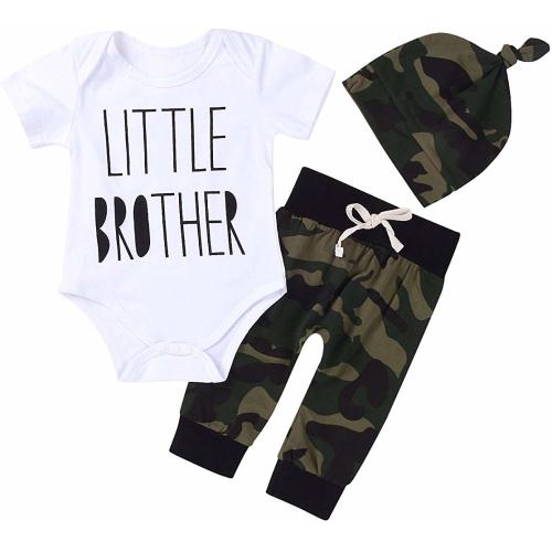 3Pcs Baby Boys Little Brother Camouflage Romper Tops+Pants Leggings+ Hat Outfits Set