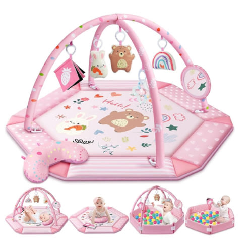 Baby Gym Play Mat, 8-in-1 Tummy Time Mat & Ball Pit with 6 Toys, Washable Baby Activity Mat for Visual, Hearing, Sensory, Motor Development, Babies Gift for Newborn Infant 0-3-6-9-12 Months (Pink)