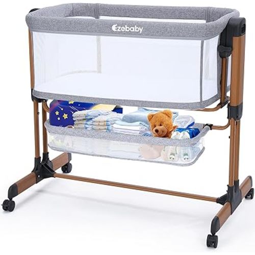 Ezebaby 3-in-1 Baby Bassinet, Rocking Baby Bassinets Bedside Sleeper, Adjustable Portable Crib for Newborn Infant with Wheels Storage Basket and Mesh Sides