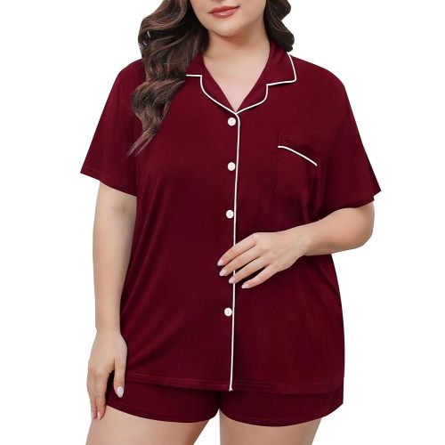 SWOMOG Women's Plus Size Pajamas Set Button Down Tops Short Sleeve Sleepwear Soft Pajama Shorts 2 Pcs Lounge Sets With Pocket