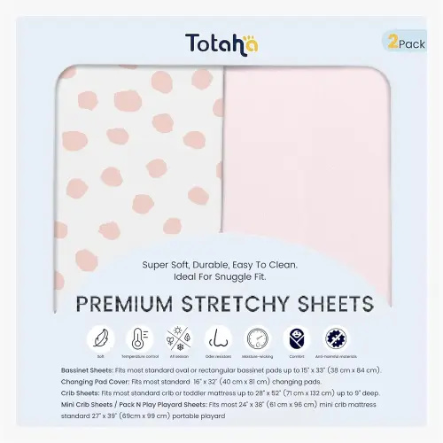 TotAha Premium Soft Pack n Play Sheets, Super Stretchy Jersey Knit Mini Crib Sheets Fitted, Silky Comfort Graco Pack and Play Mattress Sheets, 2 Pack