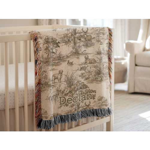 Hunting Nursey Decor Personalized Crib Throw Toile Deer Name Blanket Neutral Woodland Duck Baby Shower Gift Newborn Heirloom Woven Labrador