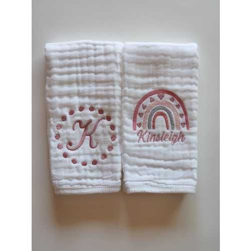 Boho Rainbow with Hearts Personalized Baby Burp Cloths, Monogram, Embroidered, Baby Girl, Shades of Pink, Single or Set of 2