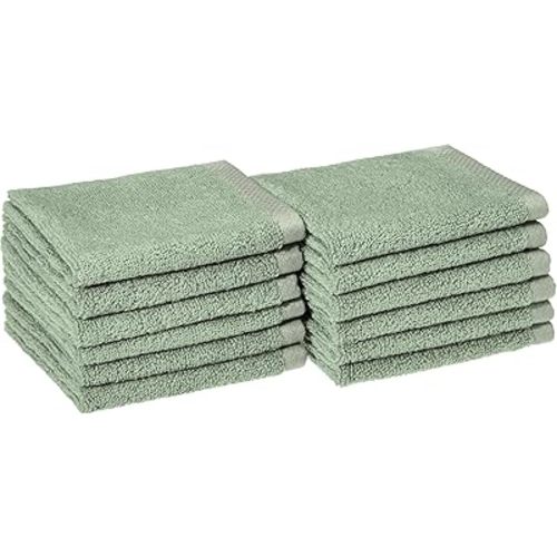 Amazon Basics Cotton Washcloths, Quick-Dry, 12" x 12", 12-Pack, Seafoam Green