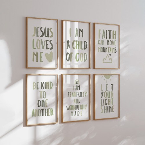 Sage green Christian kids bible verse set of 6 wall art, PRINTABLE Church Sunday school Nursery room decor, Modern Christian home decor gift