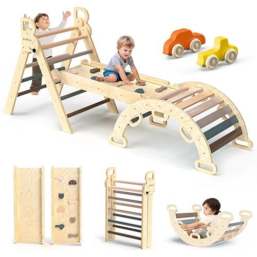 BlueWood Pikler Triangle Set 7in1 Foldable Baby Climbing Wooden Toys with Arch&Ramp&Ladder Climber Indoor Jungle Gyms for Toddlers - Mauve Pink