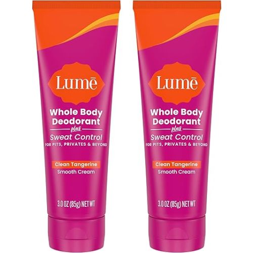 Lume Whole Body Deodorant Plus Sweat Control - Smooth Cream Tube - 72 Hour Odor And Sweat Control - Baking Soda Free, Skin Loving - 3.0 ounce (Pack of 2) (Clean Tangerine)