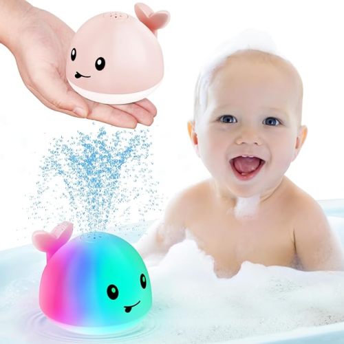 2024 Upgraded Baby Bath Toys, 1500 mAh Rechargeable Bath Toys with Double Waterproof, Light Up Whale Sprinkler Spray Water Pool Bathtub Toys for Toddlers Infants, Baby Easter Birthday Shower Gifts - Pink whale