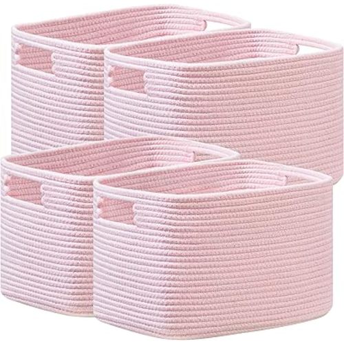 UBBCARE 4 Pack Shelf Baskets, Larger Woven Storage Baskets for Organizing(14.5''L x 9.84''W x 9''H), Basket Organizer for Dog Toys, Books, Clothes, Large Gift Basket, Pink