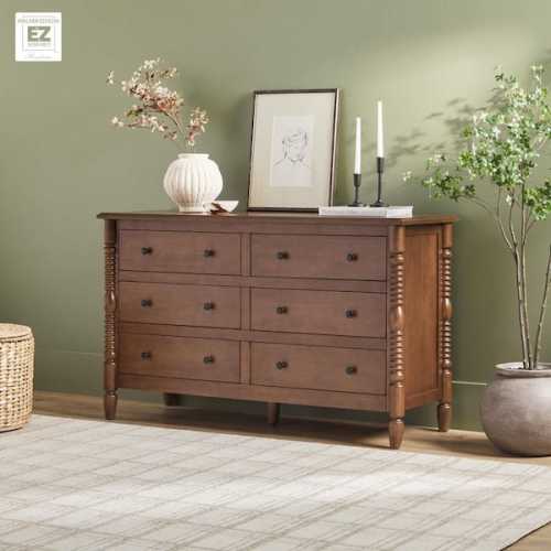 Modern Farmhouse Easy Assembly Dark Brown 6-Drawer 54 in. Solid Wood Spinde-Detailing Dresser