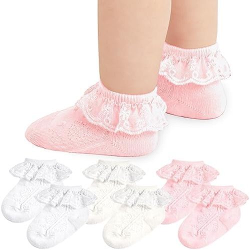 Baby Girl Lace Socks Newborn Ruffle Socks Cute Infant Princess Dress Frilly Socks 0-3/3-6/6-12/12-24 months 5/6 Pack